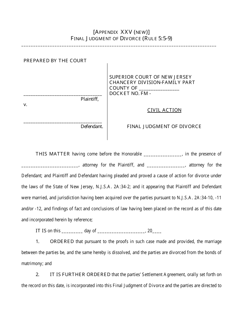 Final Judgment of Divorce Form - New Jersey, Page 1