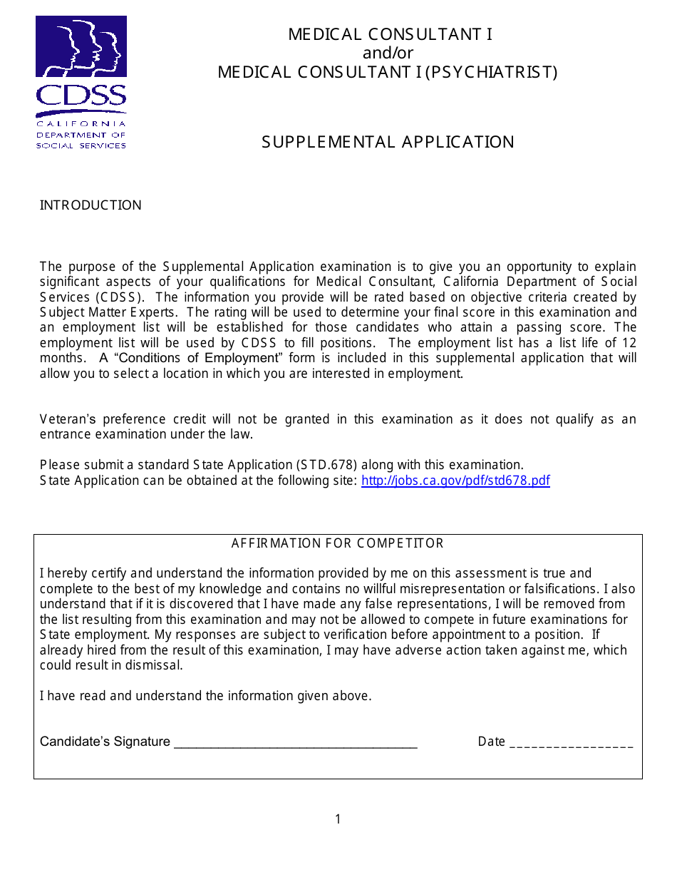Medical Consultant I and / or Medical Consultant I (Psychiatrist) Supplemental Application - California, Page 1