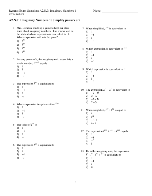Imaginary Numbers Worksheet With Answer Key