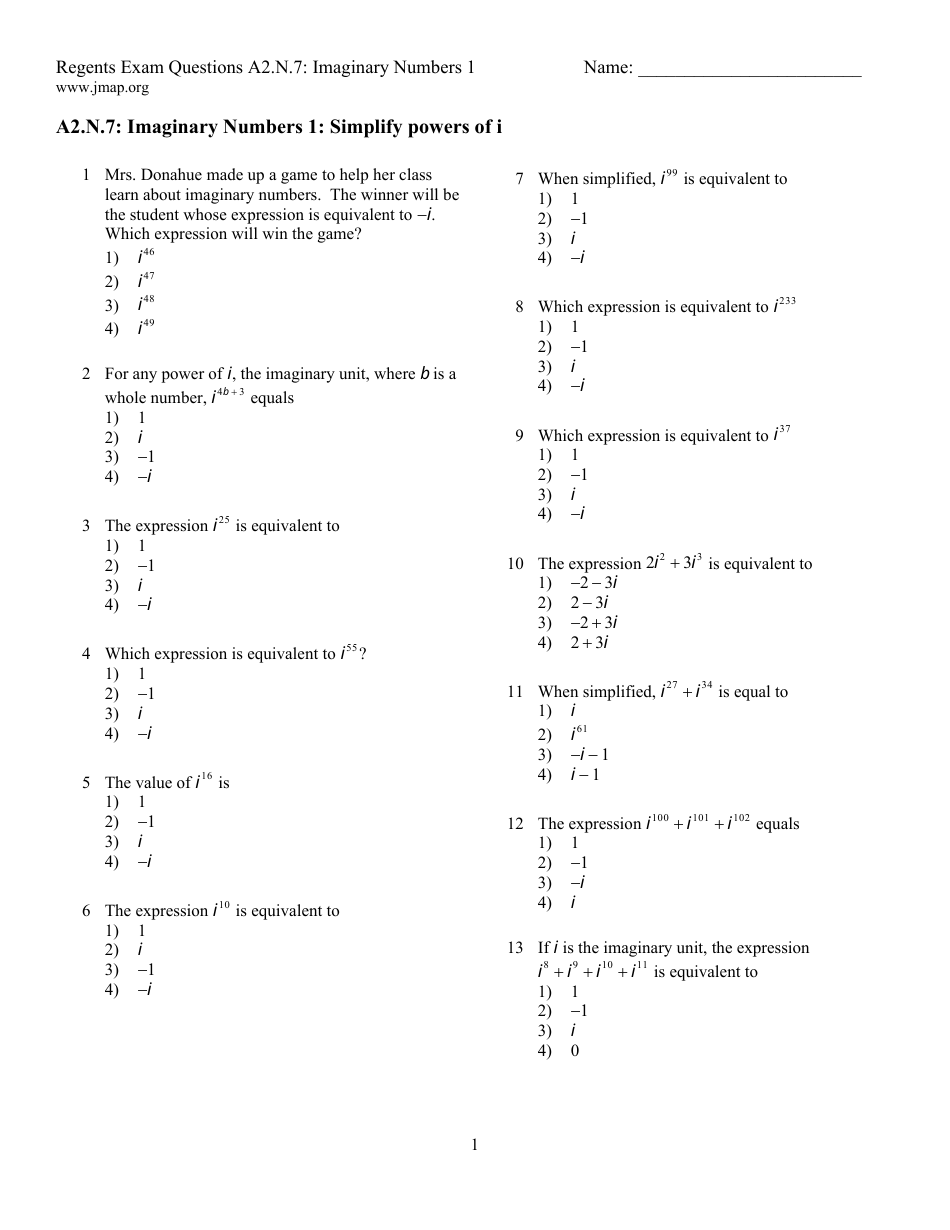Imaginary Numbers Worksheet With Answer Key Download Printable PDF