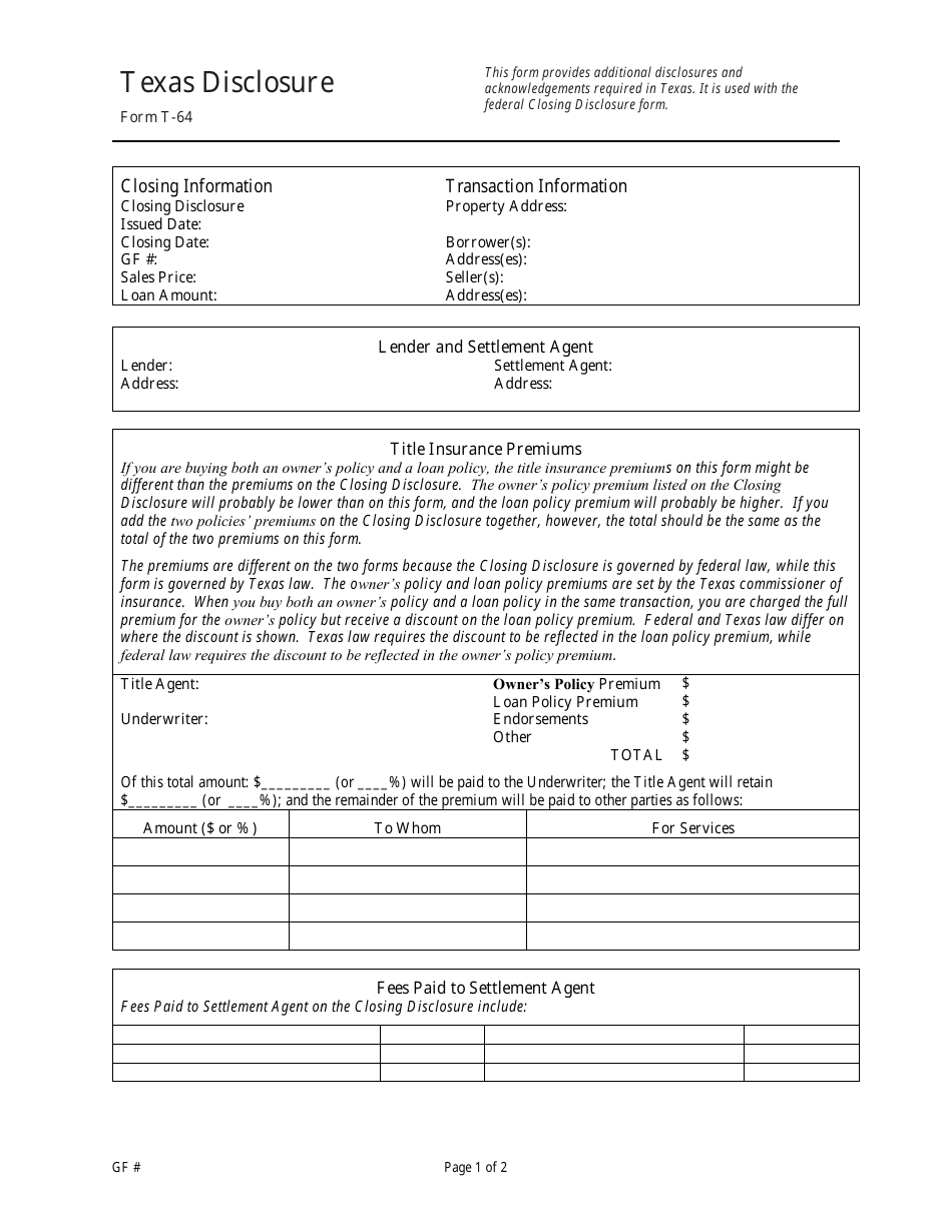 Form T-64 Disclosure - Texas, Page 1