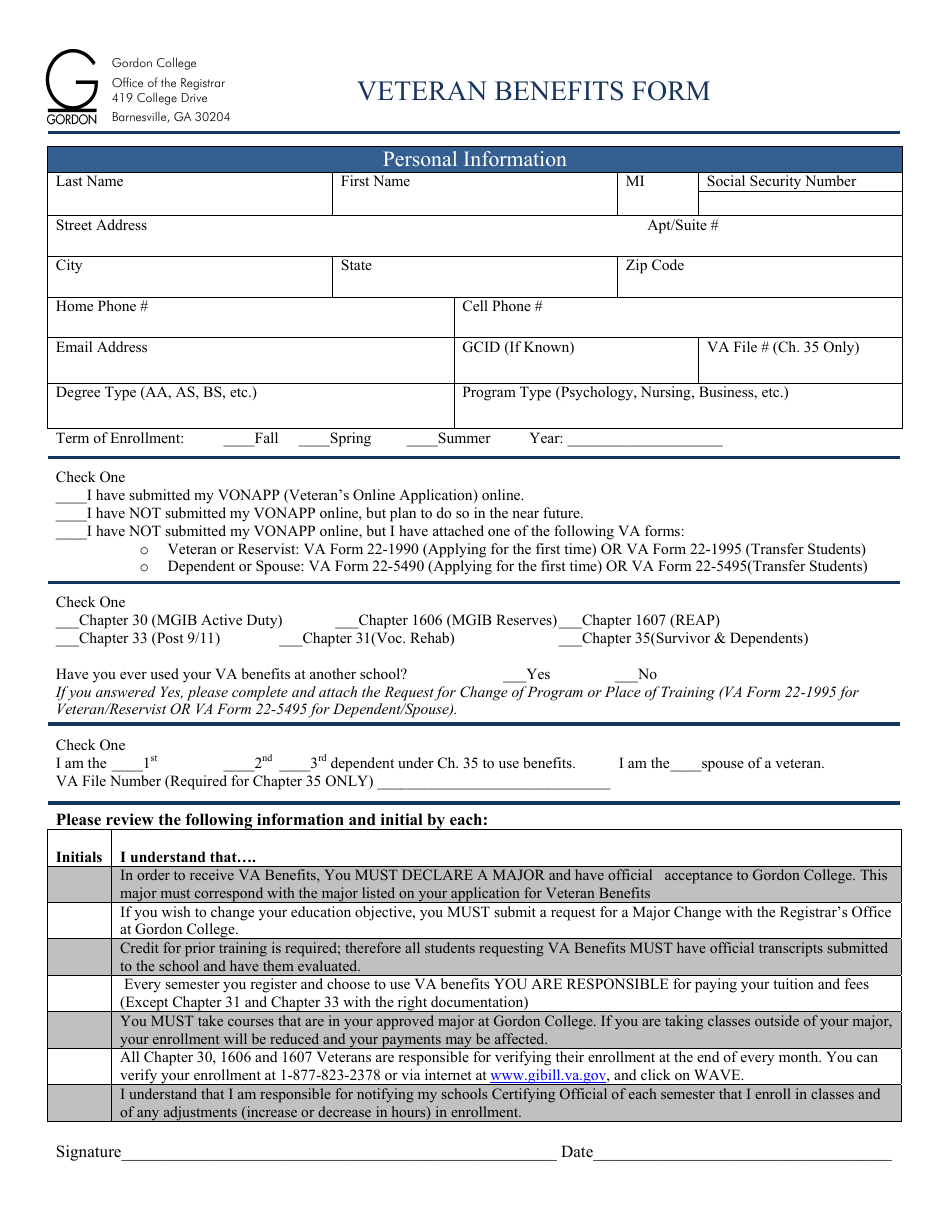 Veteran Benefits Form - Gordon State College - Barnesville, Georgia (United States), Page 1