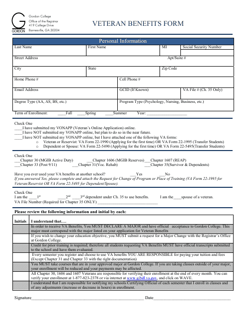 Veteran Benefits Form - Gordon State College - Barnesville, Georgia (United States) Download Pdf