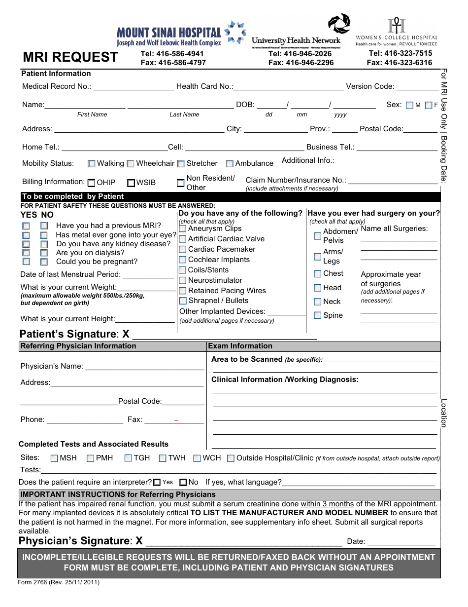 Mri Request Form - Mount Sinai Hospital - Canada, Page 1