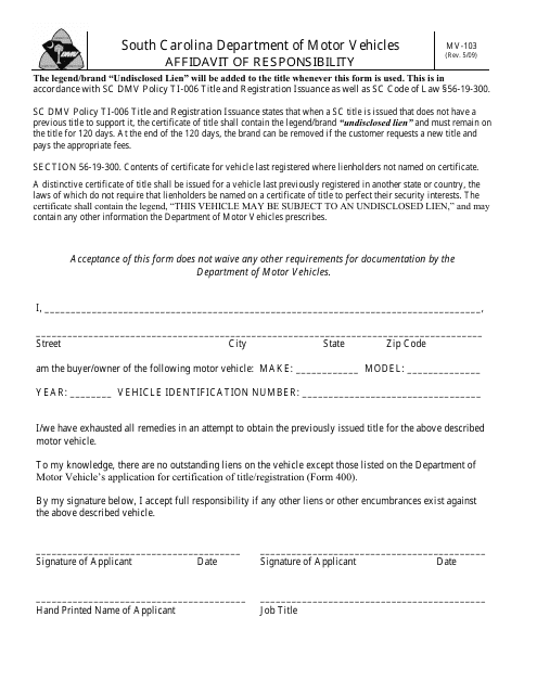 Form MV-103 Affidavit of Responsibility - South Carolina