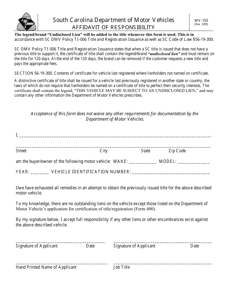 Form MV-103 Affidavit of Responsibility - South Carolina, Page 1