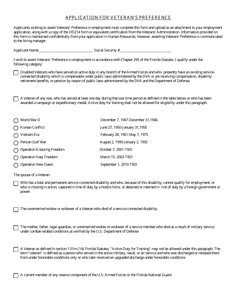 FDVA Form 0007 Application Form for Veterans Preference - Seminole County, Florida, Page 1