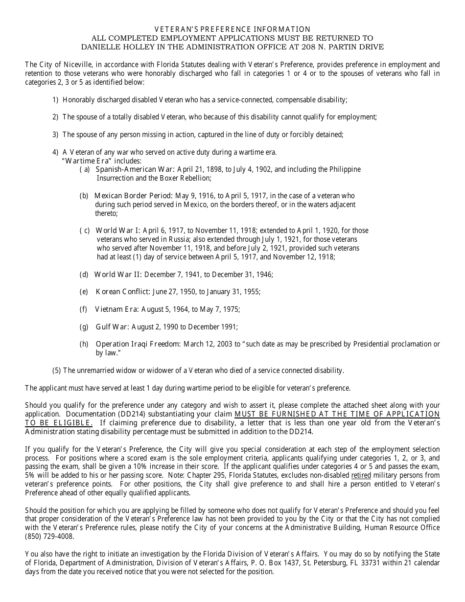 Application Form for Veterans Preference - Niceville, Florida, Page 1