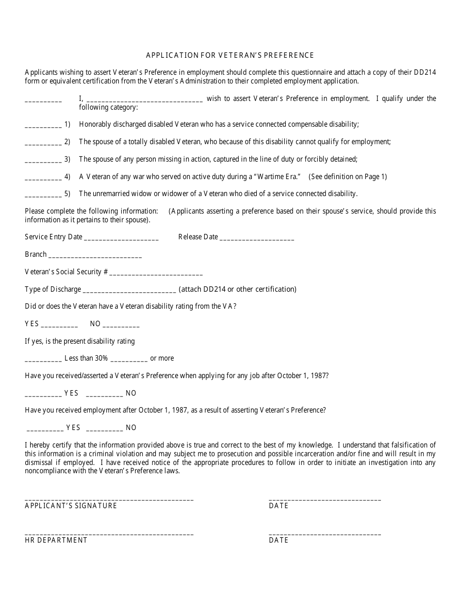 Niceville, Florida Application Form for Veteran's Preference - Fill Out ...