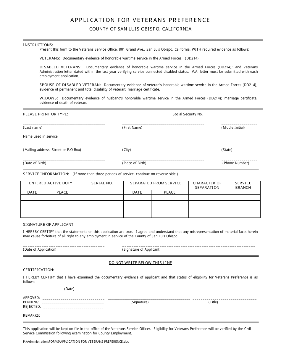 Application Form for Veterans Preference - County of San Luis Obispo, California, Page 1