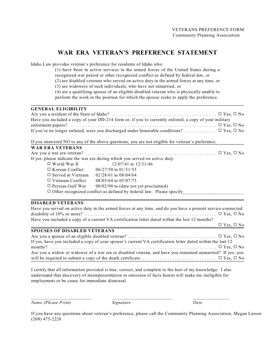 Veterans Preference Form - Community Planning Association of Southwest Idaho (Compass) - Idaho, Page 1
