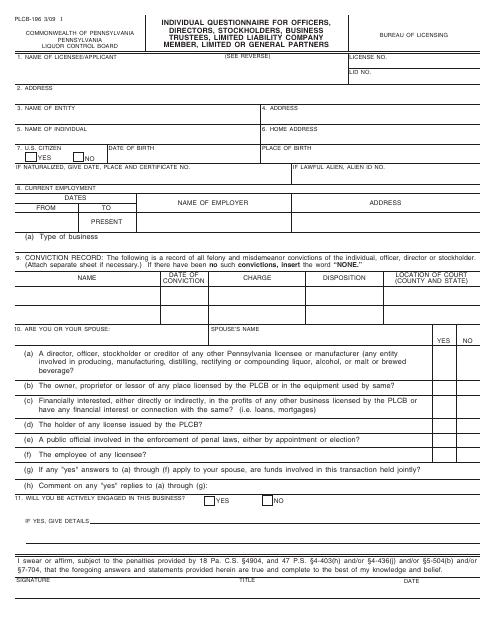 Form PLCB-196 Individual Questionnaire for Officers, Directors, Stockholders, Business Trustees, Limited Liability Company Members, Limited or General Partners - Pennsylvania