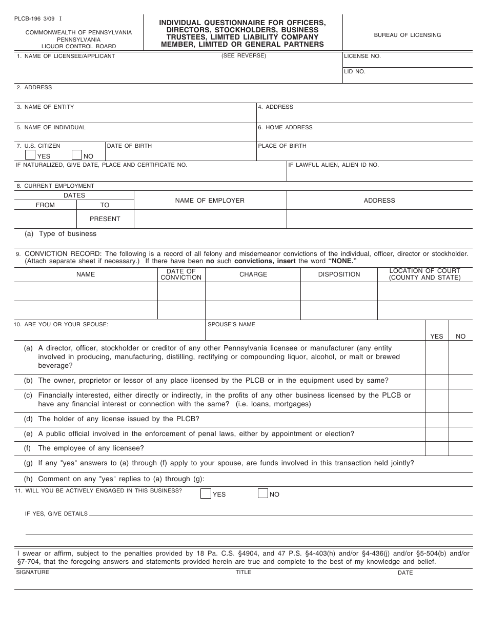 Form PLCB-196 Individual Questionnaire for Officers, Directors, Stockholders, Business Trustees, Limited Liability Company Members, Limited or General Partners - Pennsylvania, Page 1