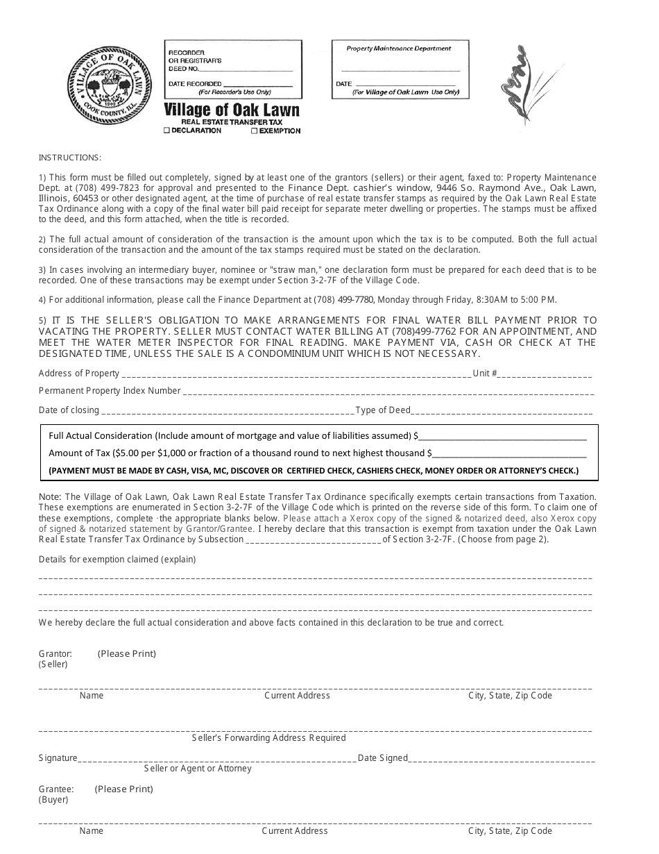 Real Estate Transfer Tax Form - Oak Lawn, Illinois, Page 1