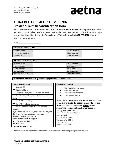 Form VA-16-04-02 Provider Claim Reconsideration