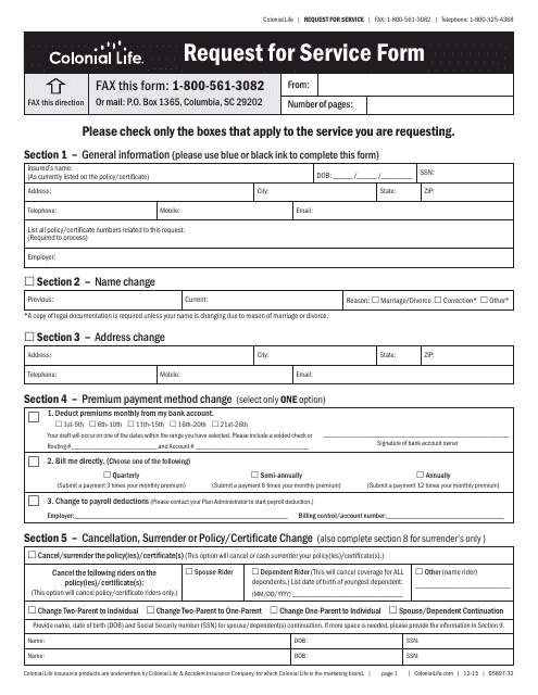 Form 05897-32 Request for Service - Colonial Life
