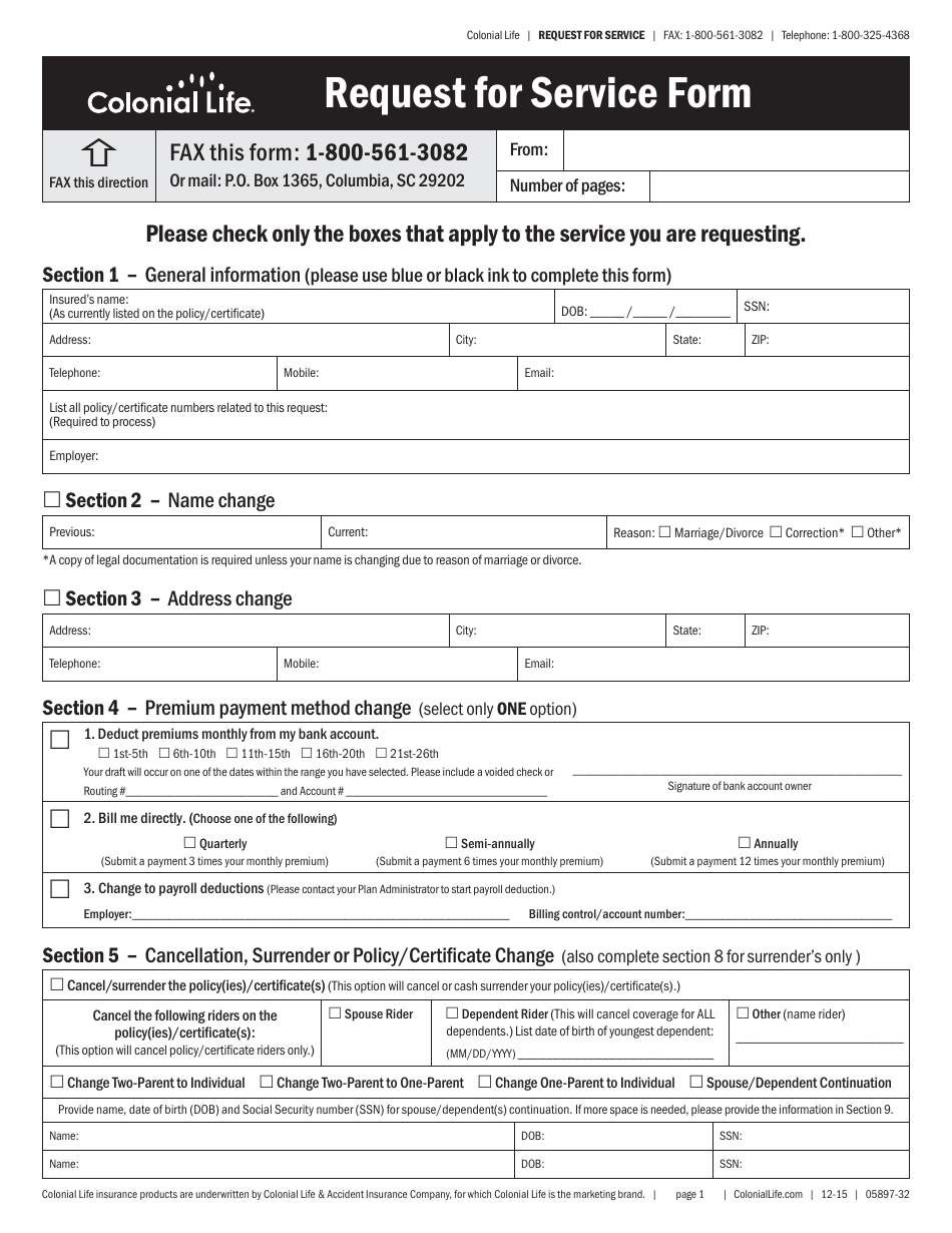 Form 05897-32 Request for Service - Colonial Life, Page 1