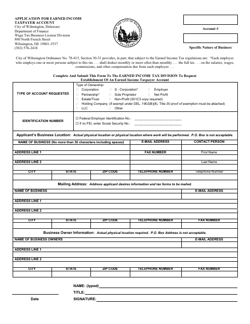 Application for Earned Income Taxpayer Account - City of Wilmington, Delaware
