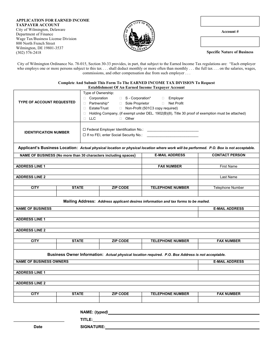 Application for Earned Income Taxpayer Account - City of Wilmington, Delaware, Page 1