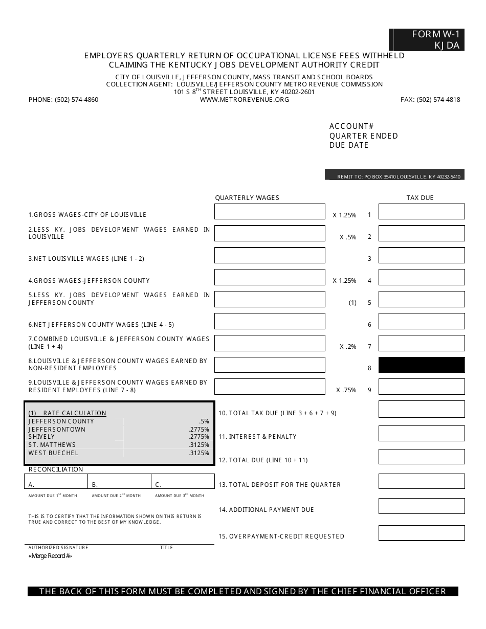 Form W-1 KJDA Employers Quarterly Return of Occupational License Fees Withheld Claiming the Kentucky Jobs Development Authority Credit - Kentucky, Page 1