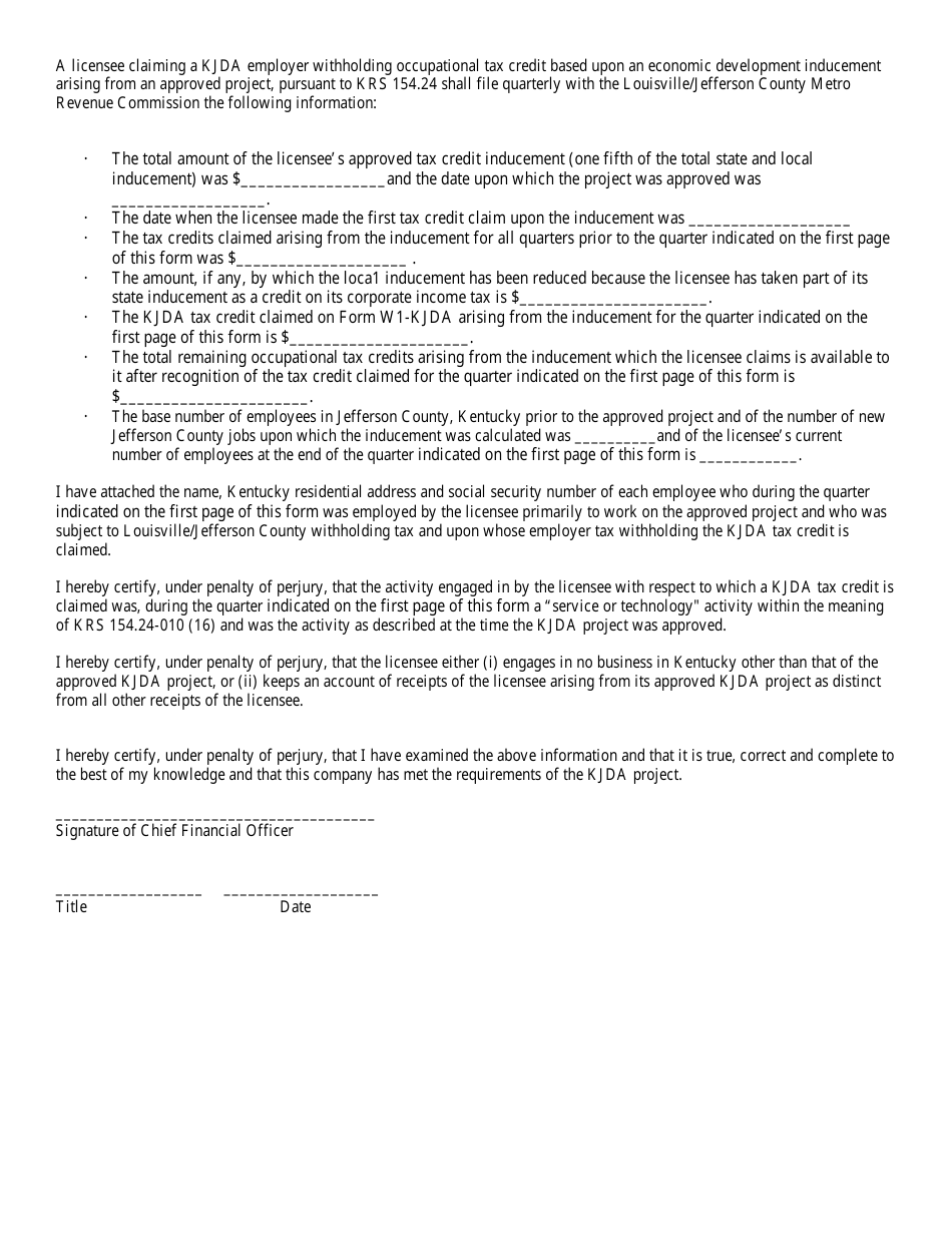 Form W-1 KJDA Employers Quarterly Return of Occupational License Fees Withheld Claiming the Kentucky Jobs Development Authority Credit - Kentucky, Page 4