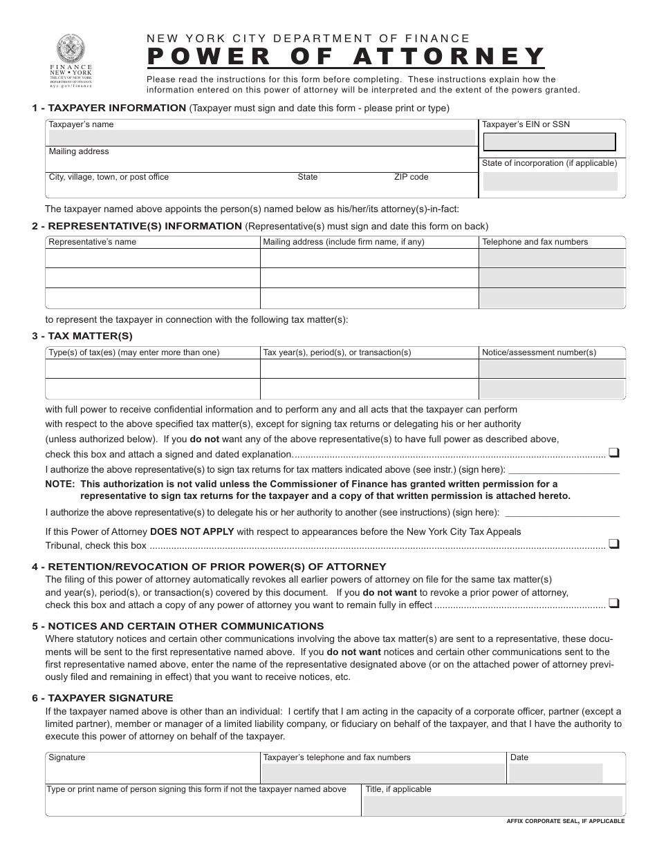 Form NYC-PA Power of Attorney - New York City, Page 1