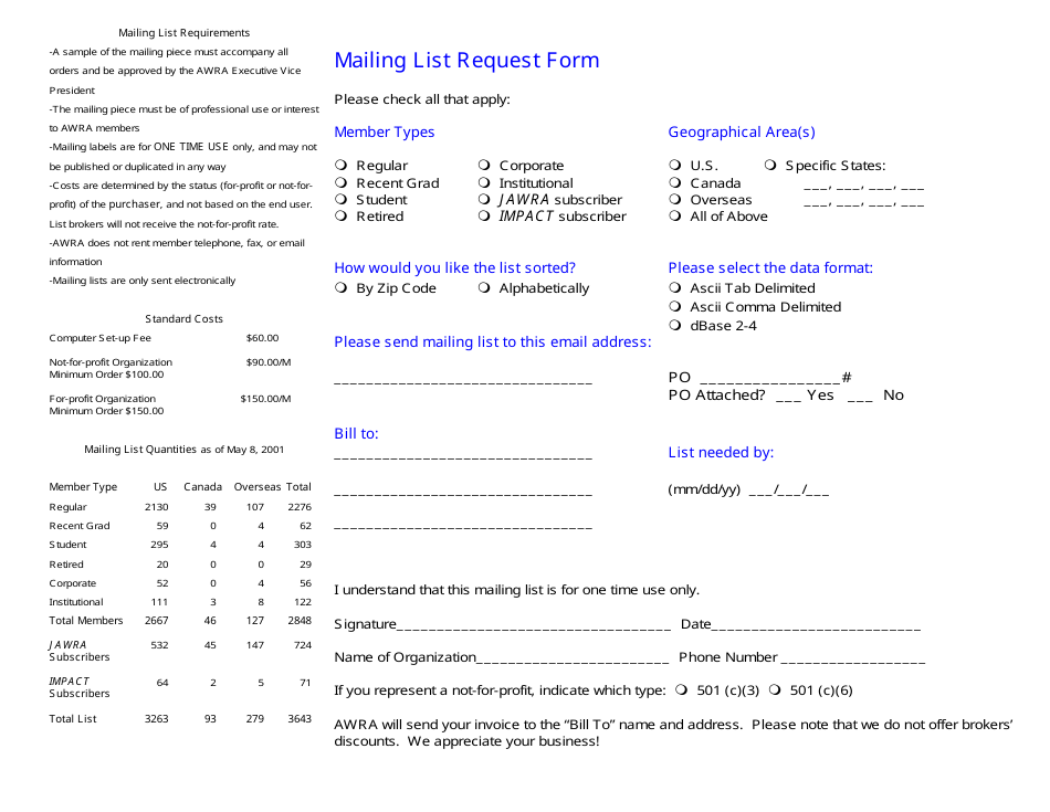 Mailing List Request Form - Awra, Page 1