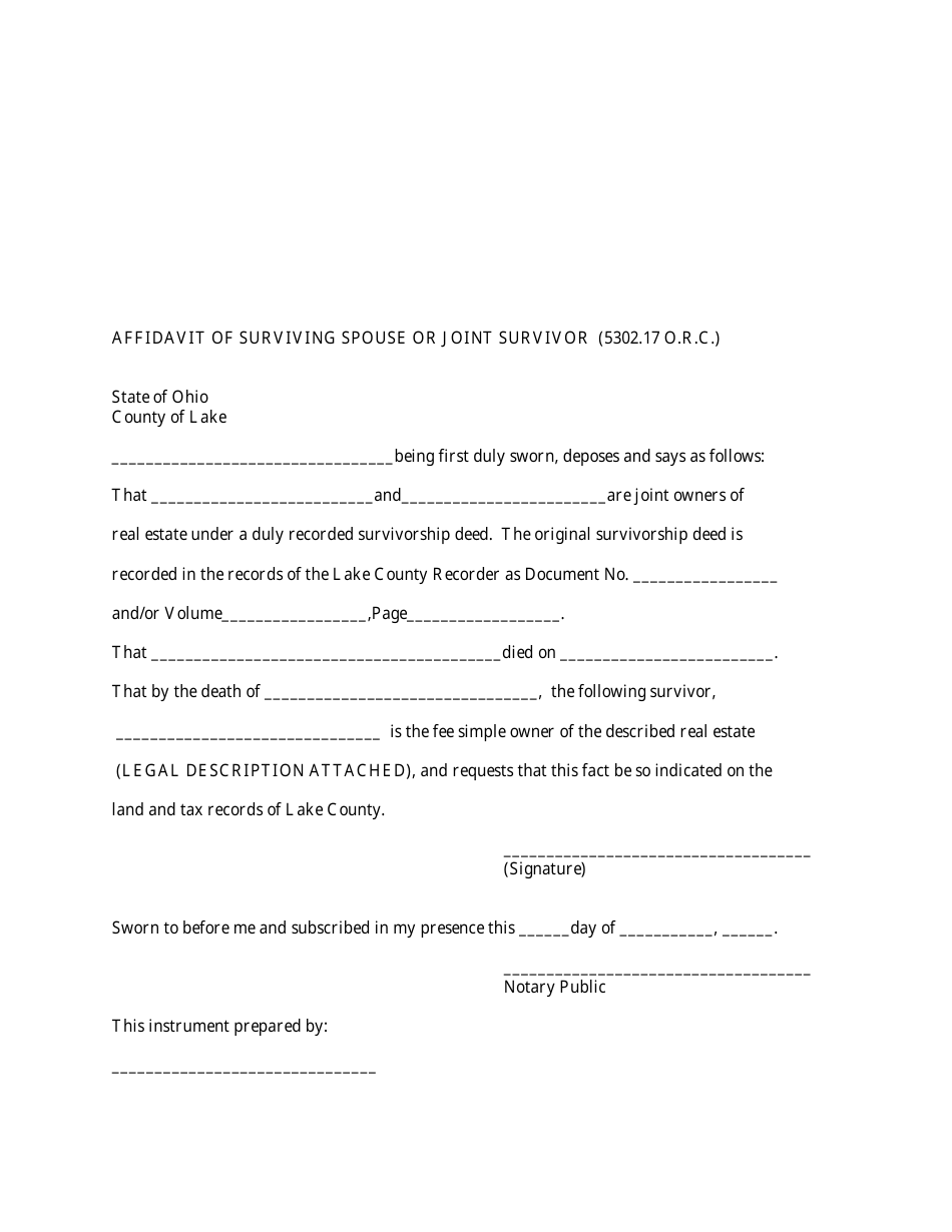 Affidavit of Surviving Spouse or Joint Survivor Form - County of Lake, Ohio, Page 1