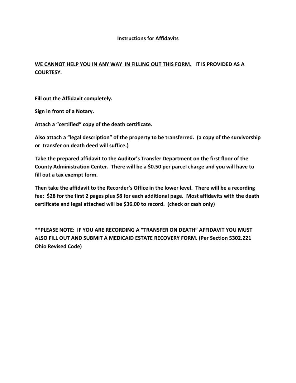 Affidavit of Surviving Spouse or Joint Survivor Form - County of Lake, Ohio, Page 2