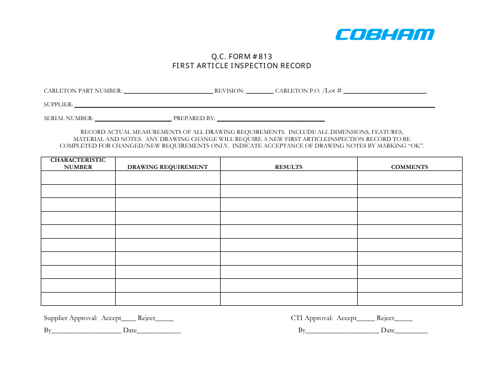 First Article Inspection Record Form - Cobham, Page 1