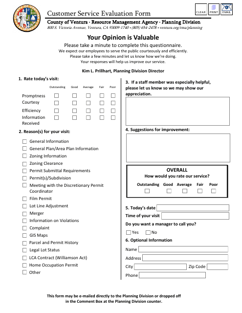 Customer Service Evaluation Form - Ventura County, California Download Pdf