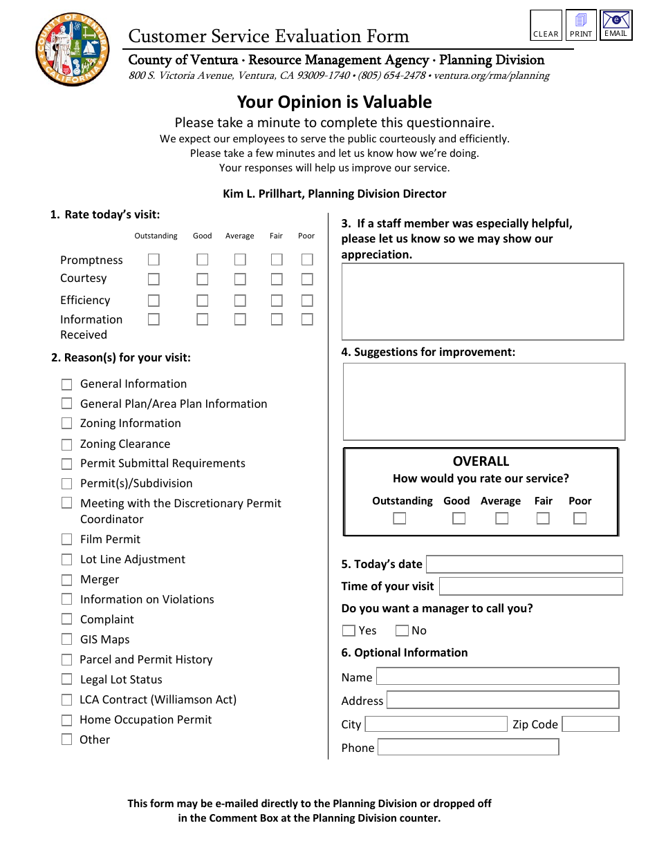 Customer Service Evaluation Form - Ventura County, California, Page 1