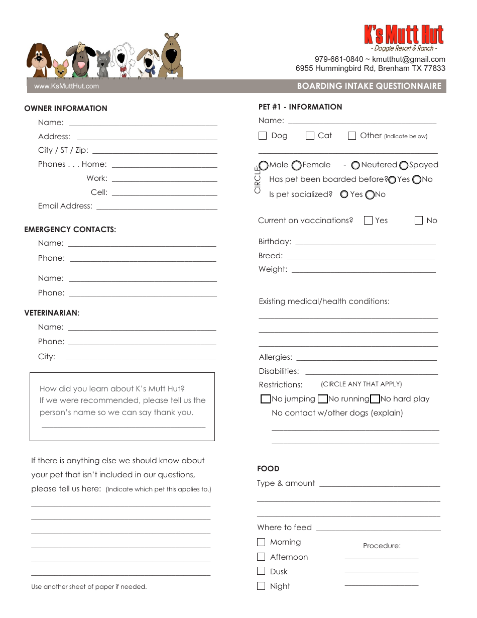 Texas Boarding Intake Questionnaire Template K's Mutt Hut Download