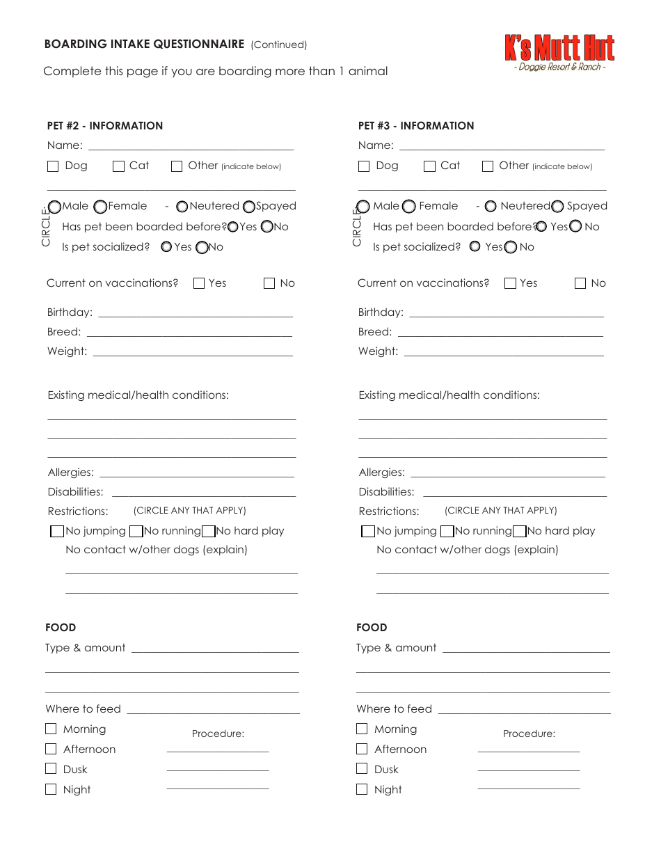 Texas Boarding Intake Questionnaire Template - K's Mutt Hut Download ...