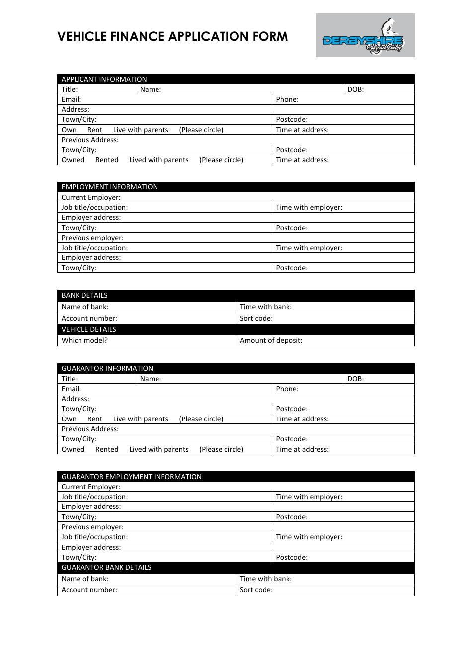 Vehicle Finance Application Form - Derbyshire, Page 1