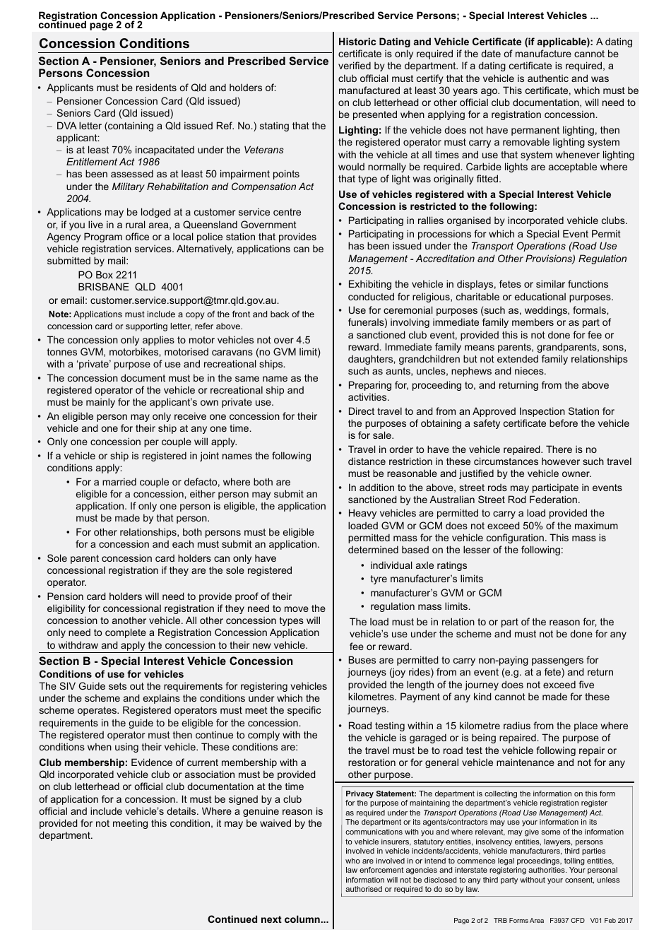 Form F3937 Registration Concession Application - Queensland, Australia, Page 2
