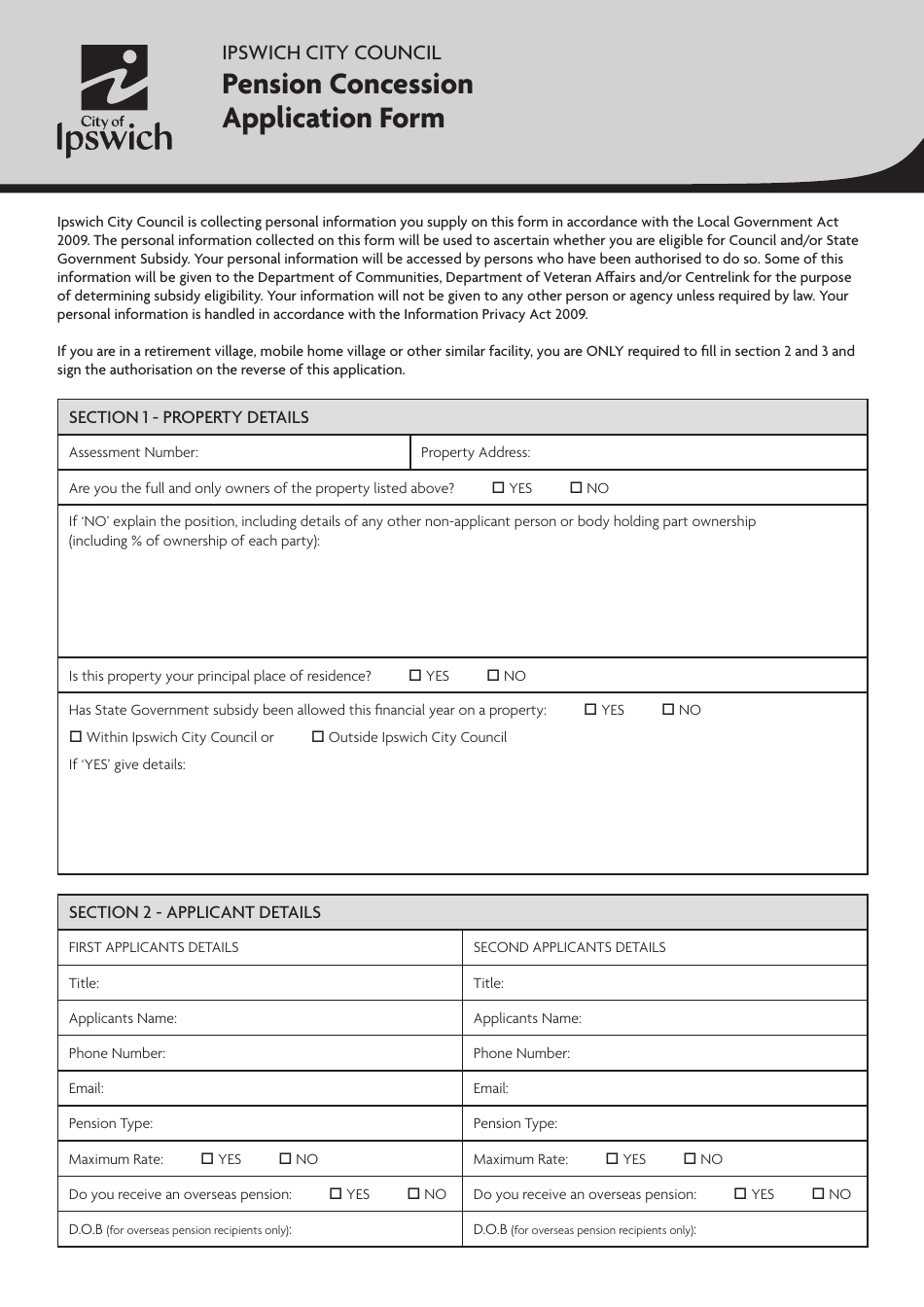 Pension Concession Application Form - City of Ipswich, Queensland, Australia, Page 1