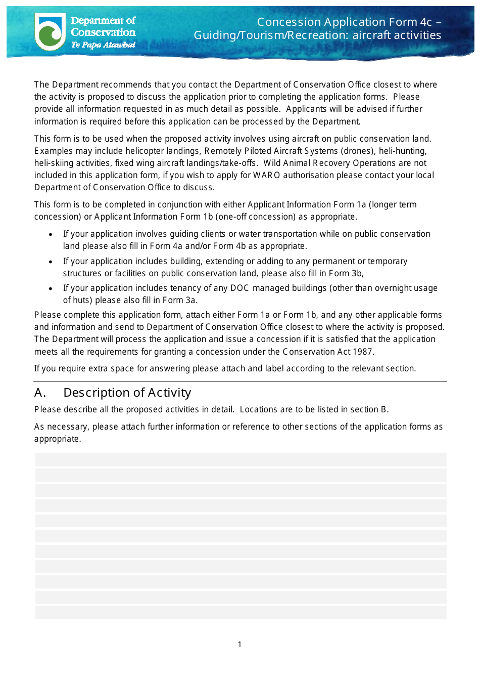 Form 4C Concession Application Form - Guiding / Tourism / Recreation: Aircraft Activities - New Zealand, Page 1