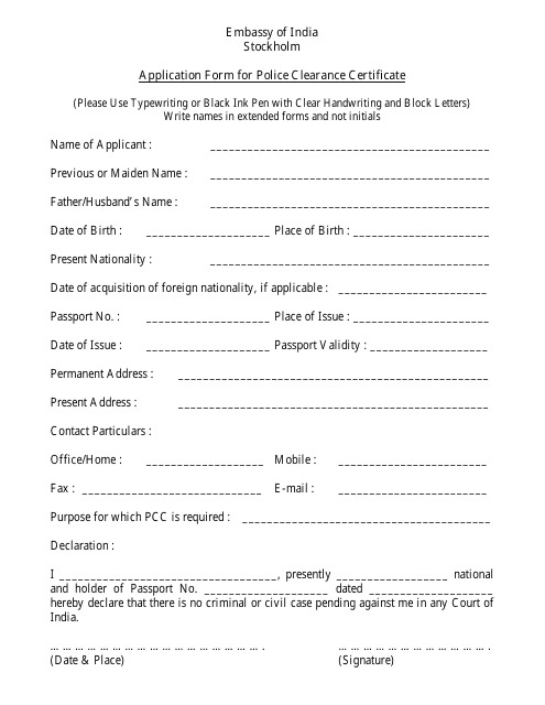 &quot;Application Form for Police Clearance Certificate - Embassy of India&quot; - Stockholm, Sweden Download Pdf