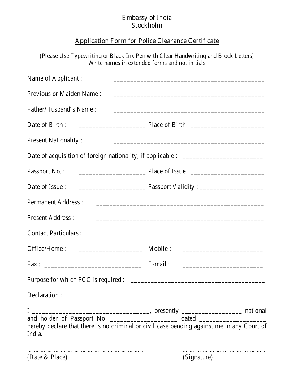 Application Form for Police Clearance Certificate - Embassy of India - Stockholm, Sweden, Page 1