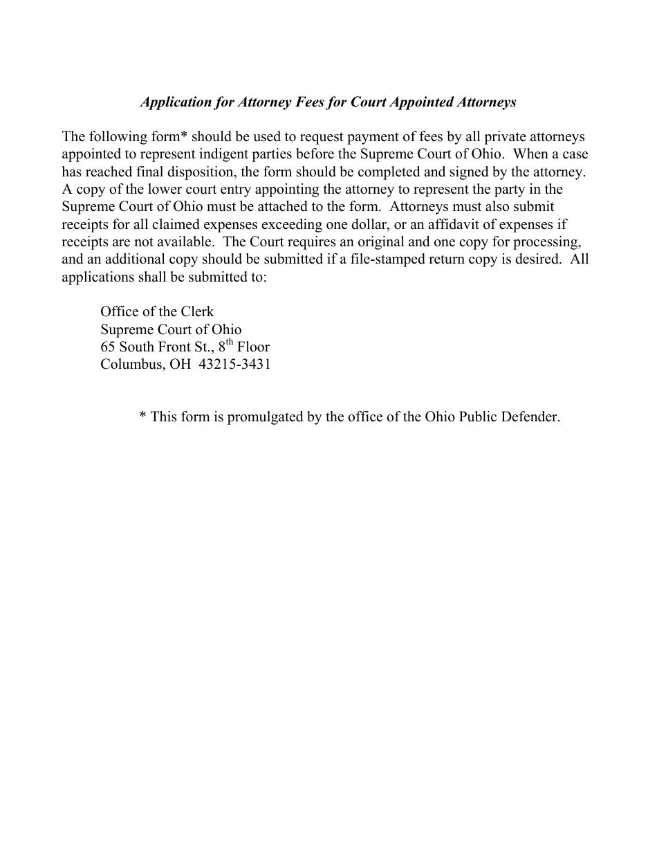 Form OPD-1031 Application for Attorney Fees for Court Appointed Attorneys - Ohio, Page 1