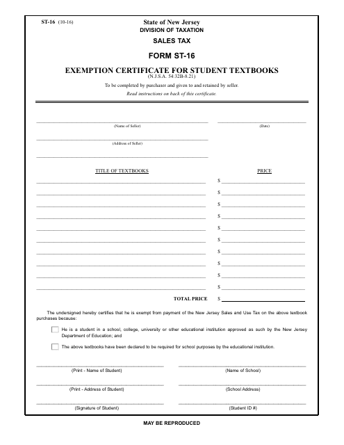 Form ST-16 Exemption Certificate for Student Textbooks - New Jersey