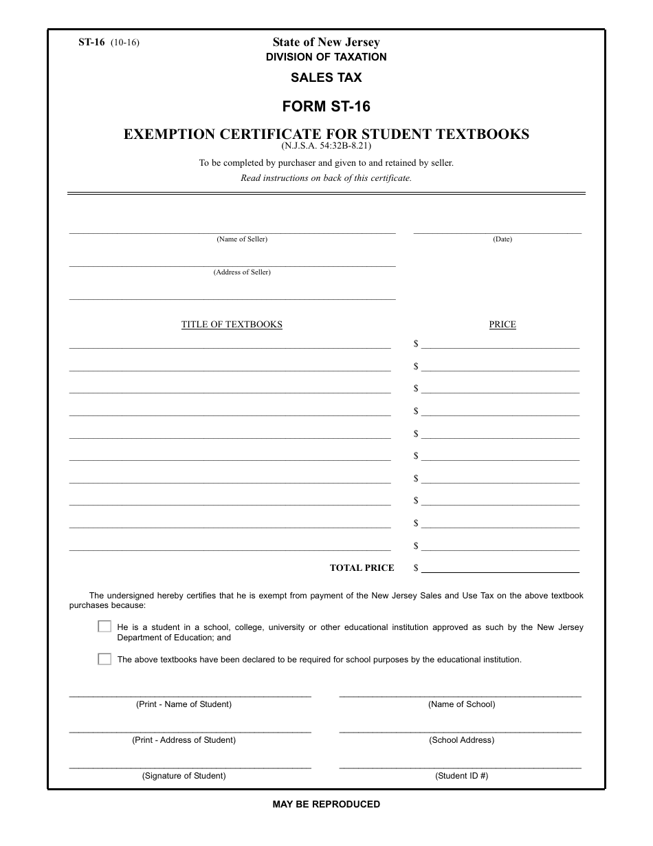 Form ST-16 Exemption Certificate for Student Textbooks - New Jersey, Page 1