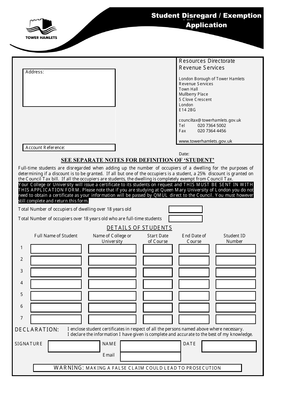 Student Disregard / Exemption Application Form - London Borough of Tower Hamlets, United Kingdom, Page 1