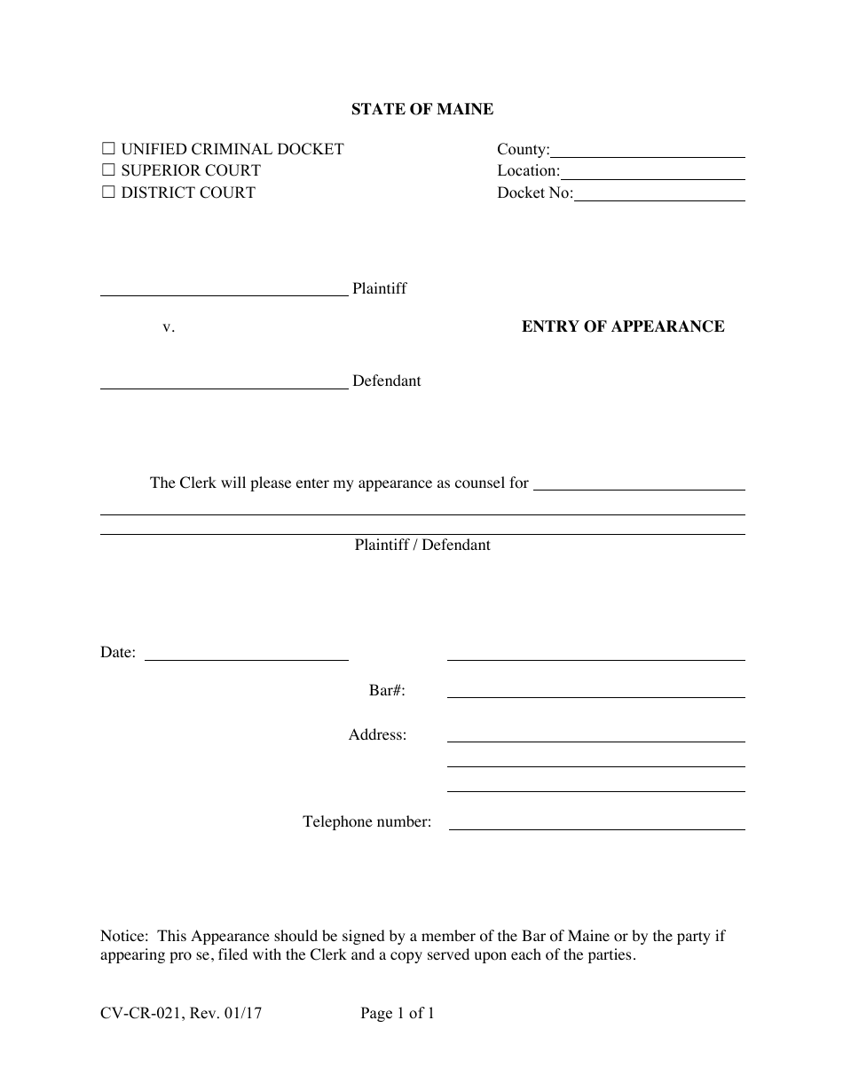 Form CV-CR-021 Entry of Appearance - Maine, Page 1