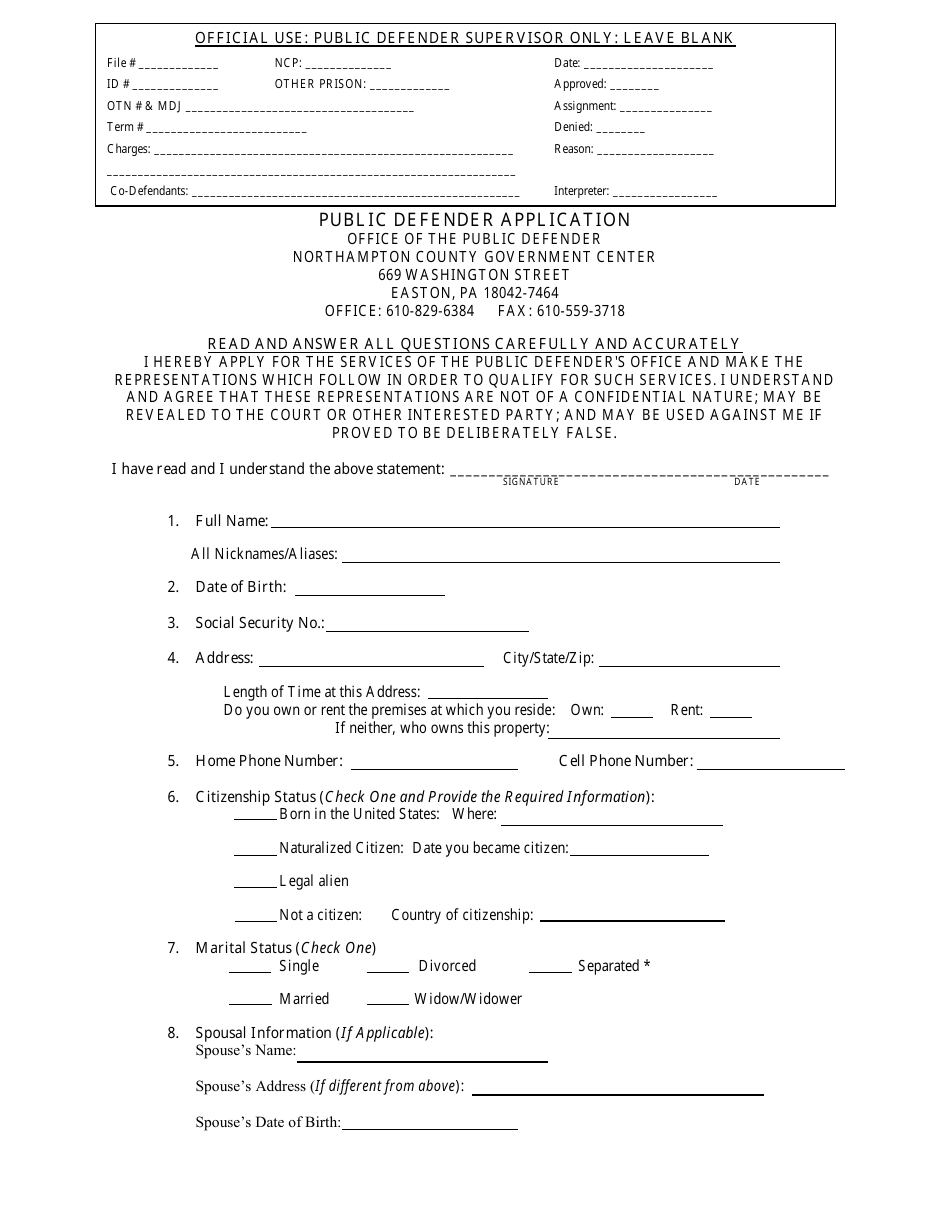 Public Defender Application - Northampton county, Pennsylvania, Page 1