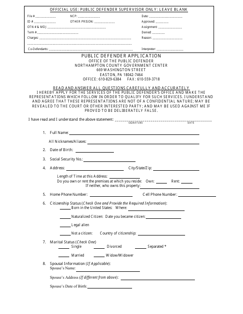 Public Defender Application - Northampton county, Pennsylvania Download Pdf