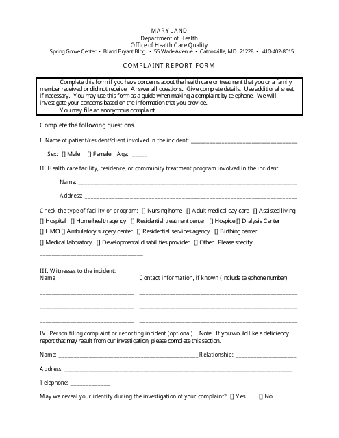 Complaint Report Form - Maryland