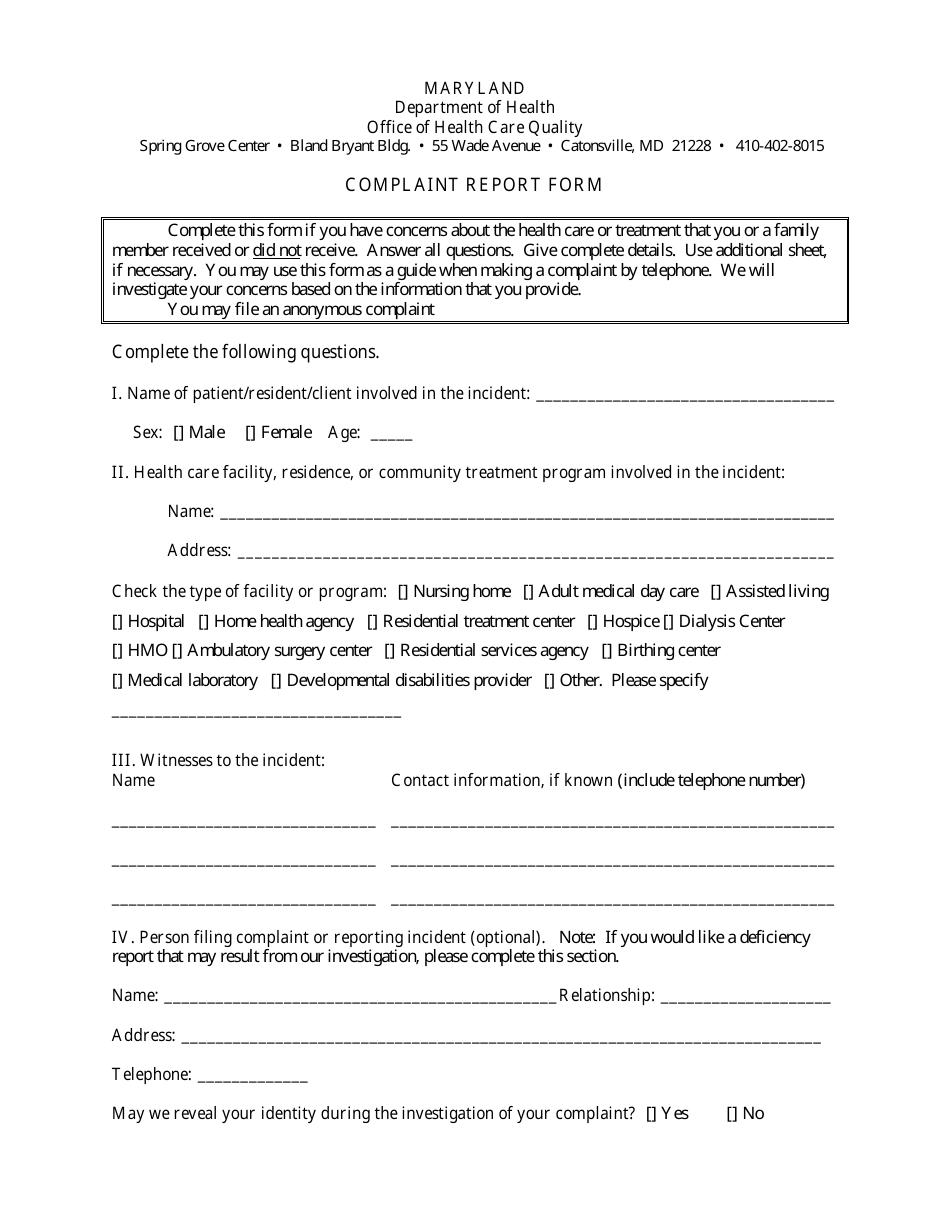 Complaint Report Form - Maryland, Page 1
