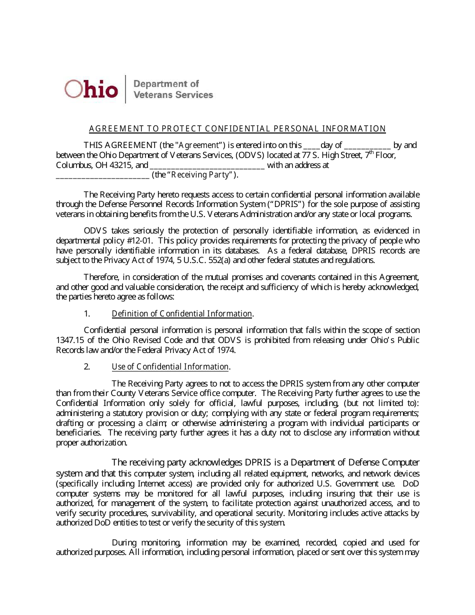 Enclosure 1 Agreement to Protect Confidential Personal Information - Ohio, Page 1